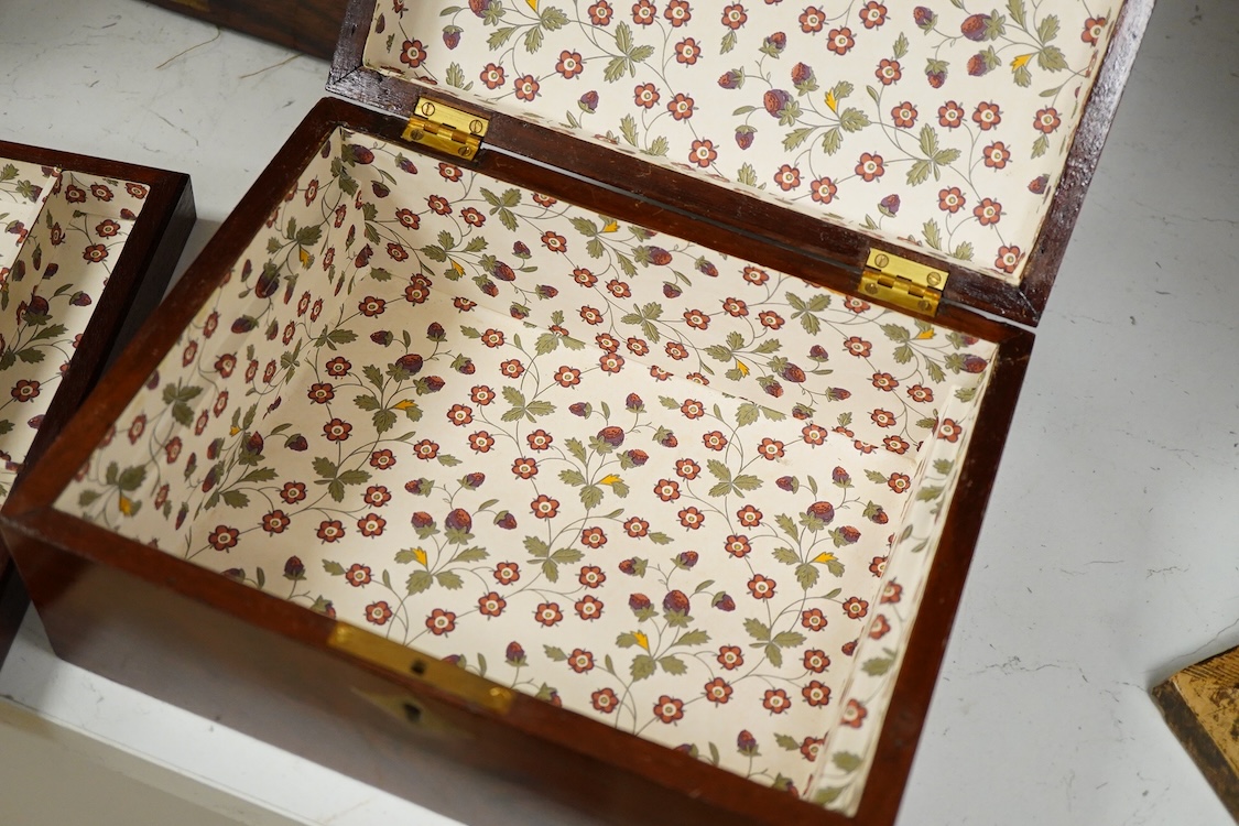 A Victorian brass inlaid mahogany jewellery box and one other writing slope, lacking interior, 40cm wide